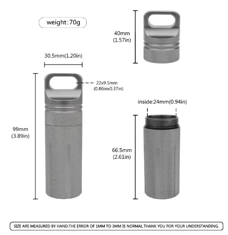 EDC Водонепроникна Капсула Таблетниця %%sep%% Герметичный контейер для мелких предметов или витамин 9.8cm*3cm, из алюминиевого сплава. Для EDC, Выживанию